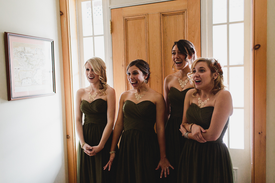 Bridesmaids react to seeing the bride at Emilyville, Inn in Campbellford, Ontario
